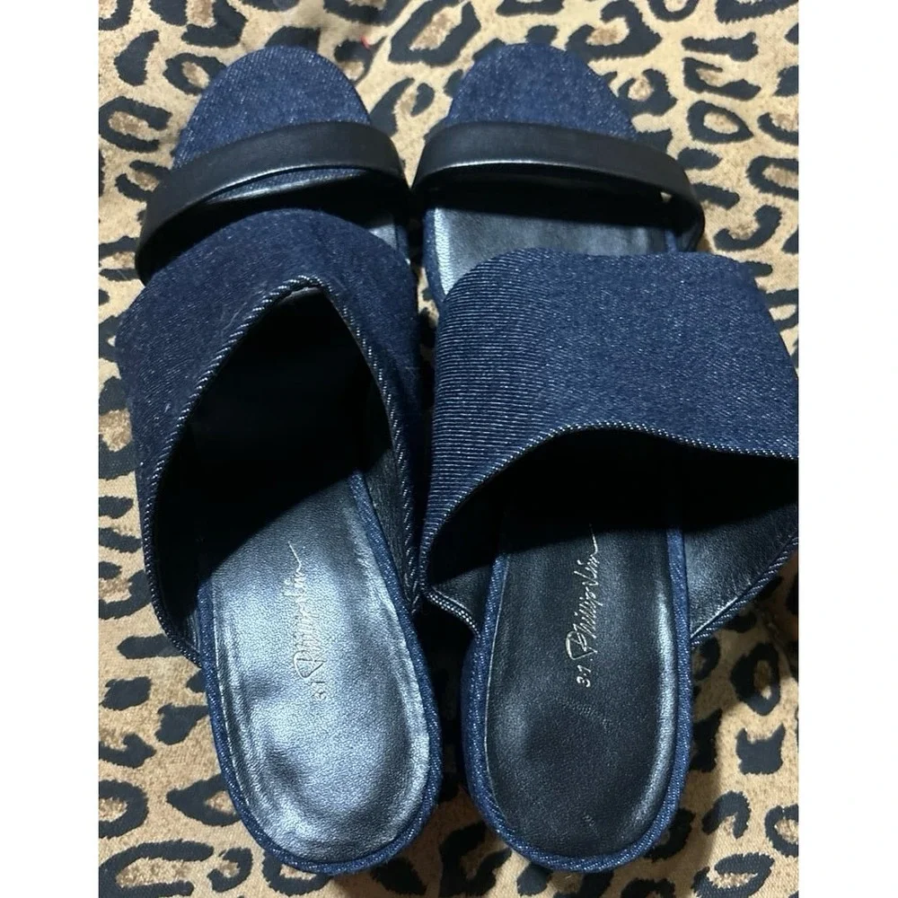 3.1 Phillip Lim Denim & Black Leather Double Strap Cube Sandals,‎ Size 8.5/39
